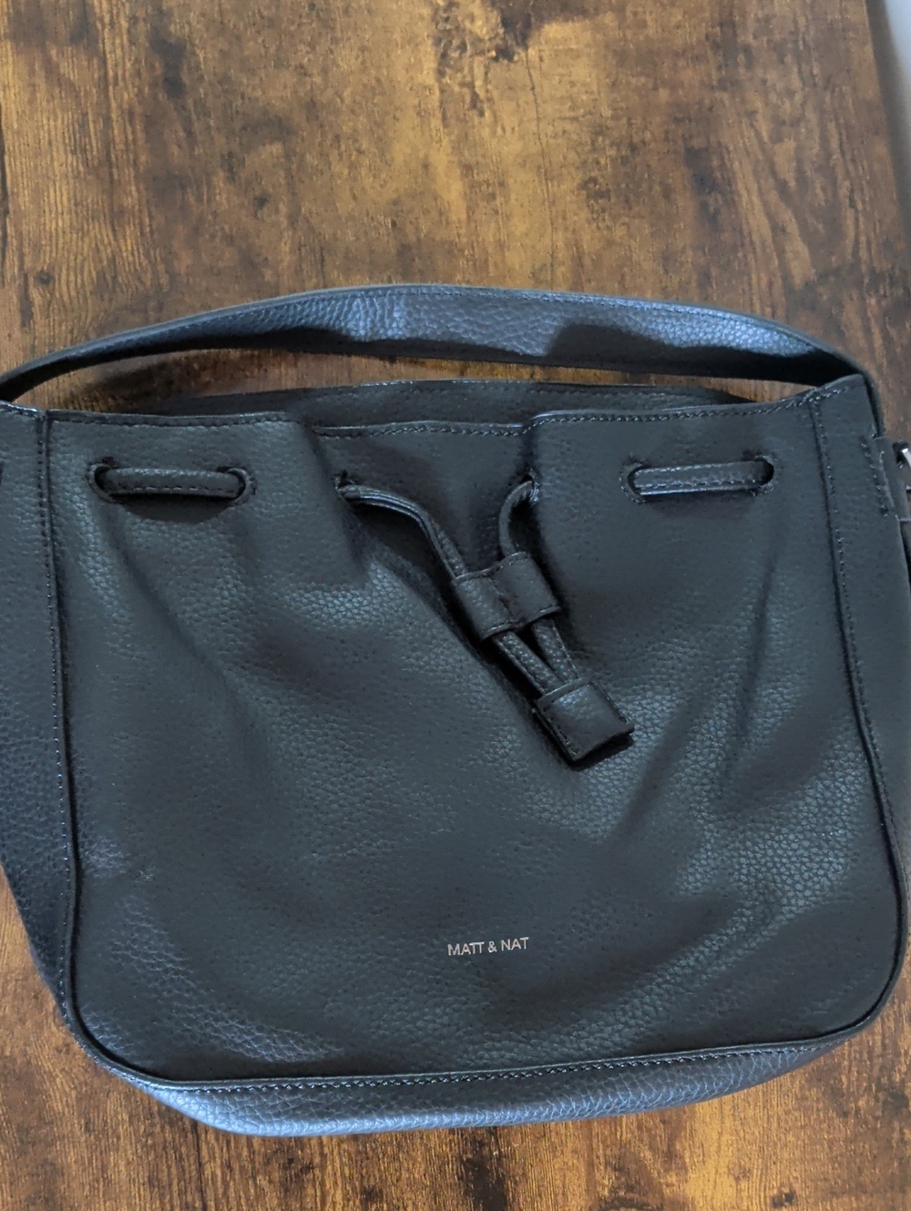 Matt & Nat Black Pebbled Leather Messenger Bag with Top Tie